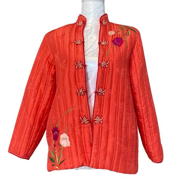 Retro Salmon Pink Embroidered Floral Satin Silk Kimono Puffy Jacket Size Small - Picture 1 of 16